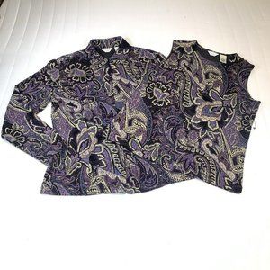 Laura Ashley Womens 2pc Cardigan & Sleeveless Tank Purple Paisley Small Petite